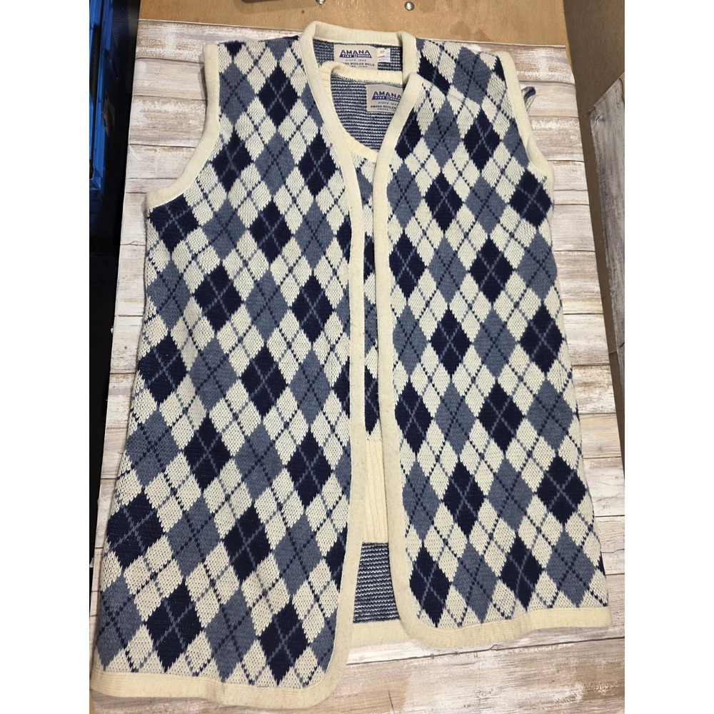 Amana Woolen Mills Blue Argyle Sweater Vest and Cardigan Set Mens Large Vintage